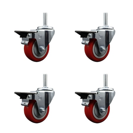 Service Caster 35 Inch Red Polyurethane Wheel Swivel 58 Inch Threaded Stem Caster Set with Brake SCC SCC-TS20S3514-PPUB-RED-PLB-58212-4